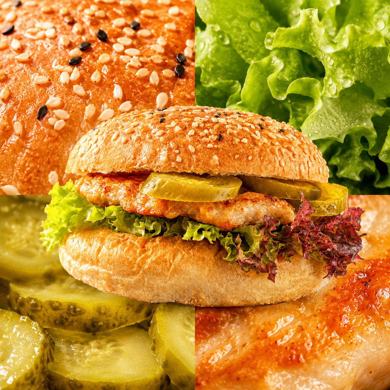 Kuřecí burger v sezamové housce se salátem a okurkami — polední menu Bistro Sugar