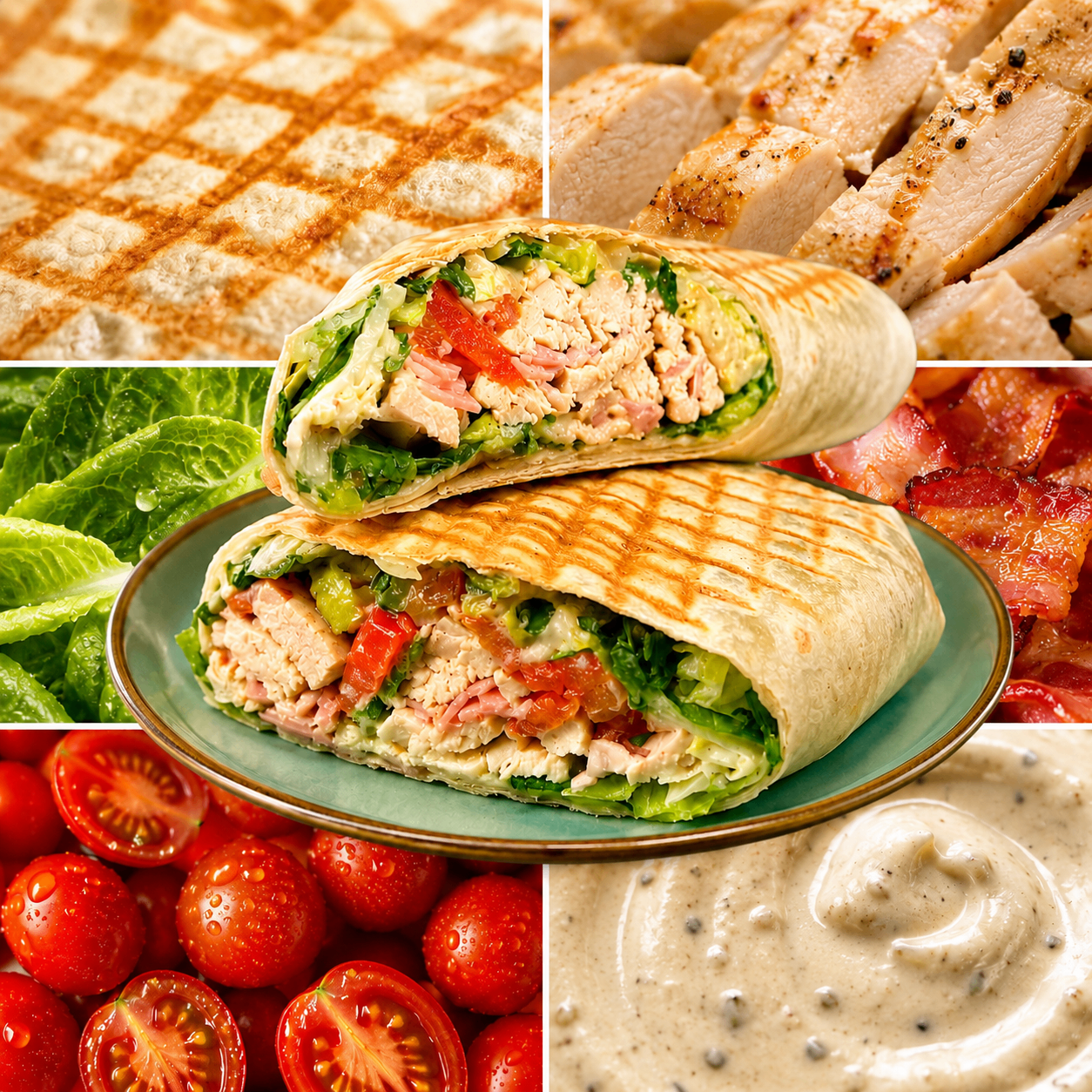 Kuřecí Caesar wrap s grilovaným kuřetem, slaninou a salátem — polední menu Bistro Sugar