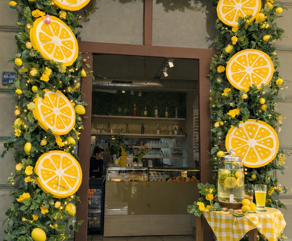 Atmosféra Bistro Sugar — vstup zdobený citrony a domácí limonádou