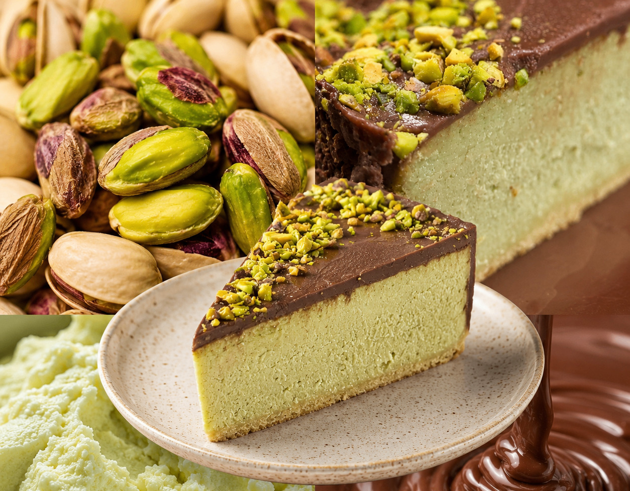 Domácí dezerty v Bistro Sugar — pistáciový cheesecake s čokoládou