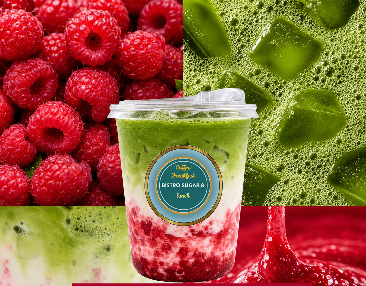 Káva, matcha a nápoje v Bistro Sugar — raspberry matcha s malinami